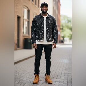 Vintage Y2K Honeyuppy Splattered Acid Wash Demin Jacket - Black Beige | Sz Lg